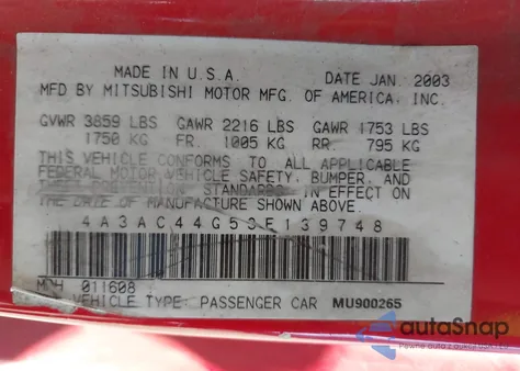 2003 Mitsubishi Eclipse Gs z USA, uszkodzony, nr VIN 4A3AC44G53E139748